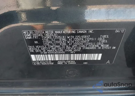 2012 Toyota Rav4 Limited z USA, uszkodzony, nr VIN 2T3EF4DV4CW308466